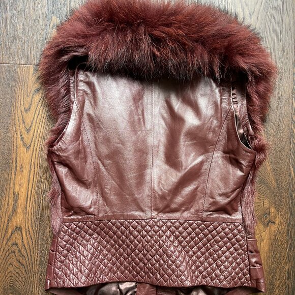 NWOT Burgundy Brown Leather Vest Real Fox Fur S size - Picture 9 of 16